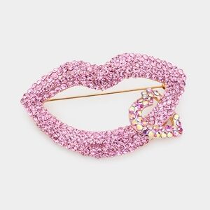 Pink Rhinestone Crystal Heart Lip Brooch Pin Cute Statement Accessory